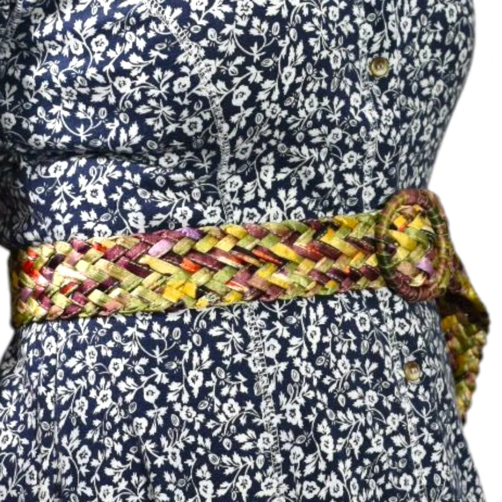 Rainbow Braided Belt Yellow Purple Silky Fabric Woven Large Circle Buckle Large